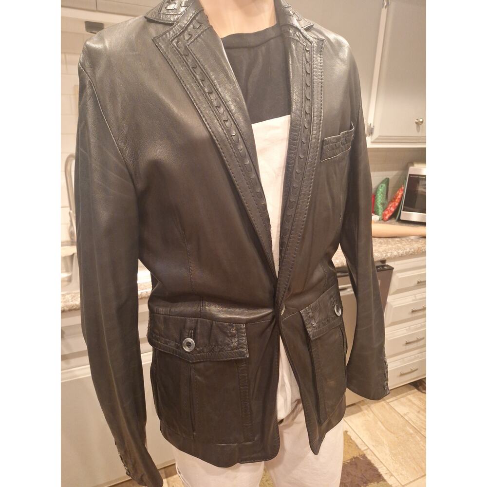 Just Cavalli Leather Blazer Jacket Black Italian Made Size 48 Mens Medium - Picture 2 of 10